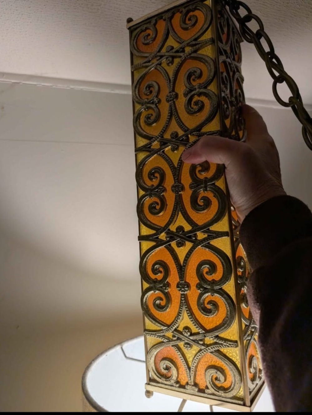 Ornate Pink Glass Hanging Lantern with Metal Scrollwork
